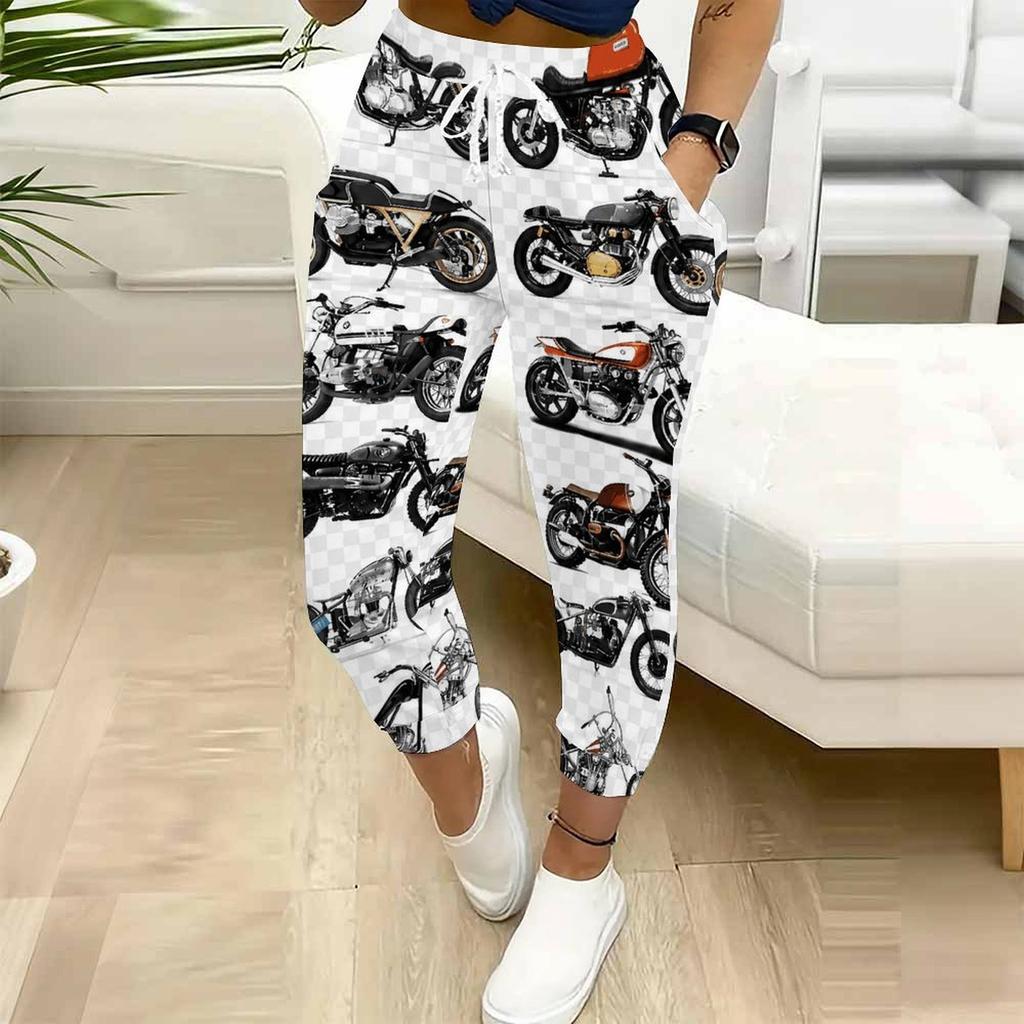 Women Plus Size Printed Jogger Pants Dark Navy Gold Pattern Drawstring Waist Side Pockets Cuffed Ankle