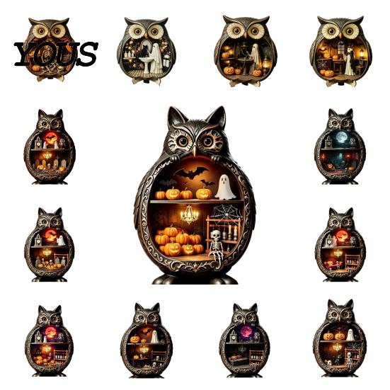 Wood Owl Sculpture Halloween Wooden Tabletop Centerpiece, 2D Flat Pumpkin Ghost Bat Figurine Skeleton Standing Table Sign for Party, Shelf, Desk Decor