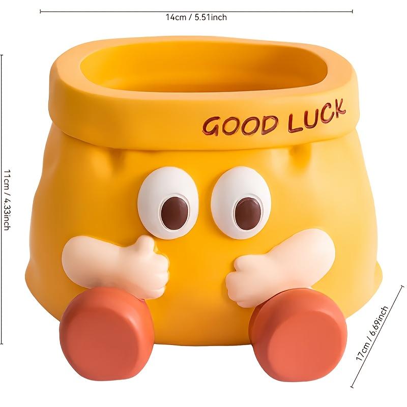 Good Luck  Resin Desk Organizer with Cute Face ,Multi-Compartment Pencil Holder, Scissors ,Eyeglasses Storage, Vibrant Yellow with Red Accents