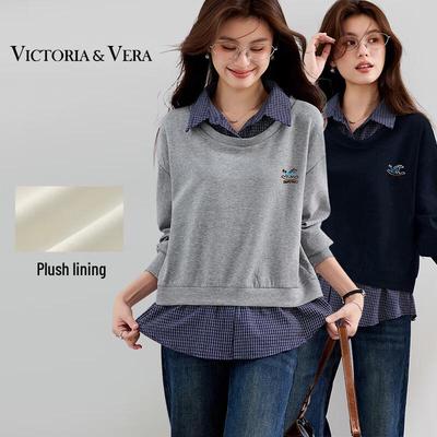 Women's Faux Two-Piece Fleece-Lined Plaid Collar Sweatshirt