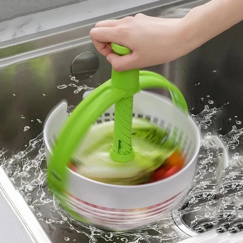 1Pc Rotating Basket Drainage Hand Pressed Dehydration Mechanism Vegetable Preparation Fruit Salad Making Cooking Room Gadget Home Use