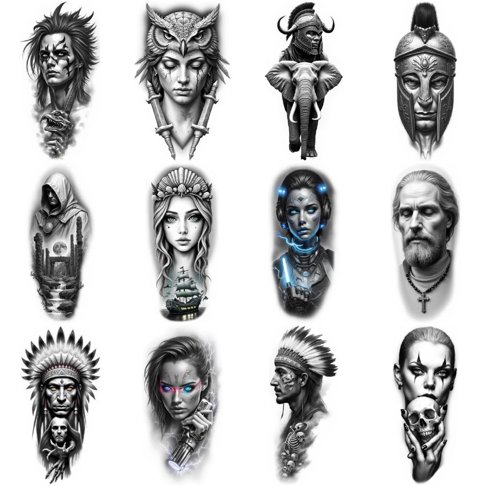 12 Stück Temporäre Tattoos Schwarz Grau Realismus Kleopatra Frau Indianerhäuptling Für Frauen Männer Oberschenkel