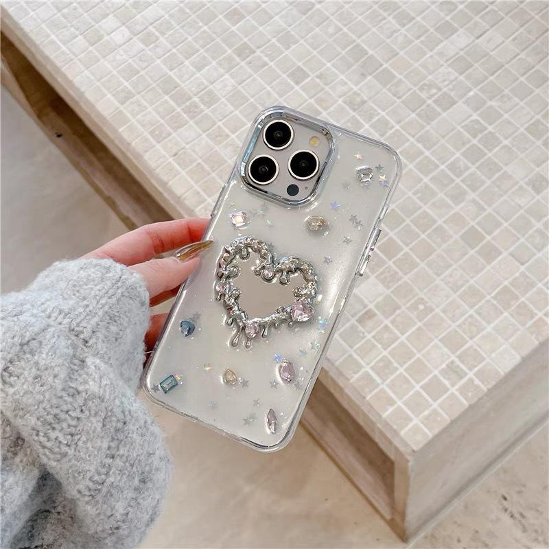 

For IPhone16ProMax Mobile Phone Case for Apple 17 Female New Ins Drop Glue Rhinestone Love Mirror 14 Sequins For iPhone 7/8/SE 2020