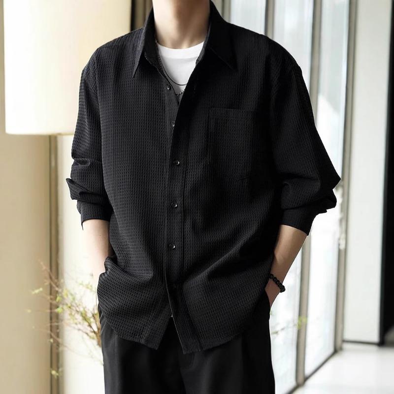 

Men s Beige Waffle Texture Shirt Vintage Fit Long Sleeve Casual Button Down Collar M чорний