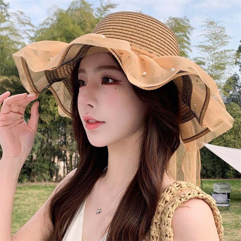 Straw hat women's summer French beach sunscreen sun hat big edge hat outdoor seaside visor travel vacation wind