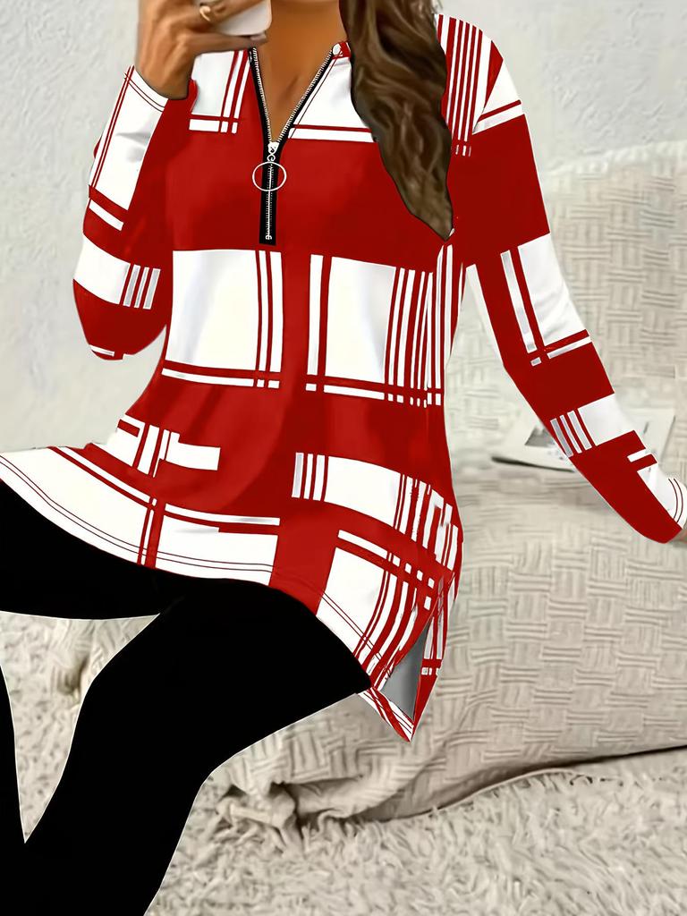 2025 Plus Size Women's Color Block Long Sleeve Zipper Shirt with Digital Print