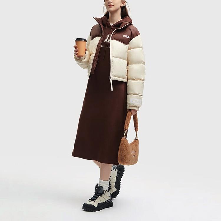 FILA Color Block Logo Zip Stand Collar Long Sleeve Down Jacket Women outerwear Beige F51W349901F-BG