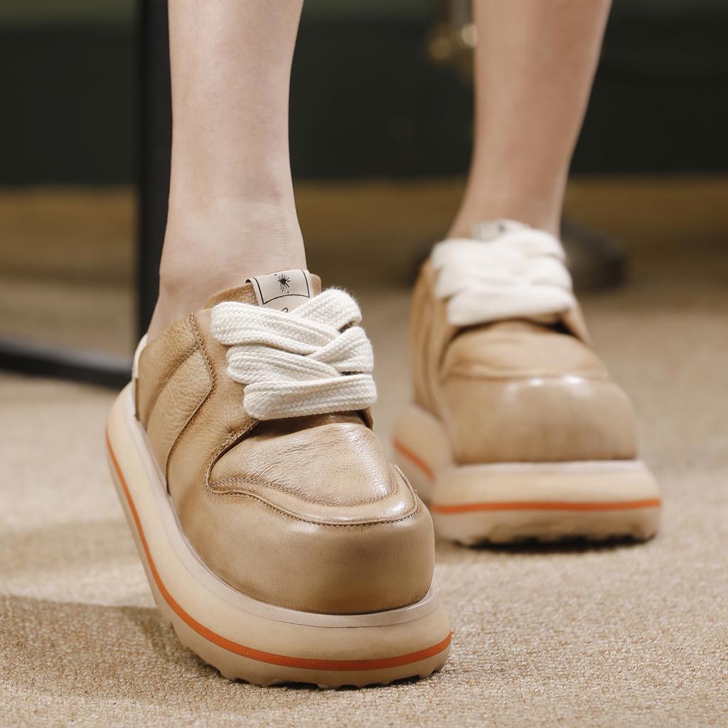 Johnature Damskie buty na grubej podeszwie ze skóry naturalnej, sznurowane, outdoorowe, z okrągłym noskiem, modne kapcie