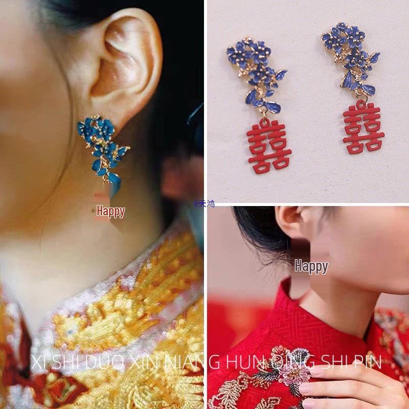 Red Cloisonné Flower Earrings: Elegant Chinese Wedding Qipao Style with Double Happiness Design