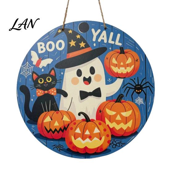 Indoor Outdoor Holiday Ornament Halloween Boo Wood Door Hanger Sign with Cute Ghost Black Hat Pumpkin Print, Front Decorative Craft Gift Porch