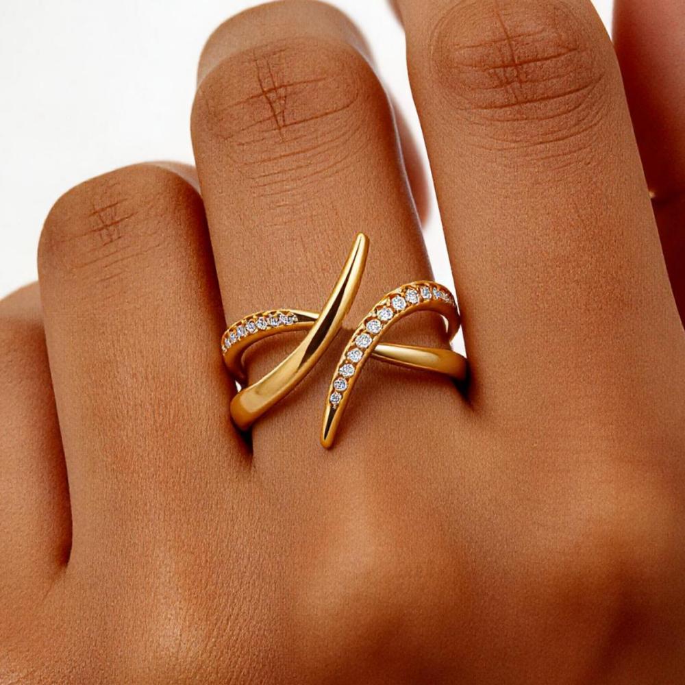 14K Gold Plated Criss Cross Open Ring for Women Geometric Line Zircon Adjustable Stackable Minimalist INS Style Jewelry Gift