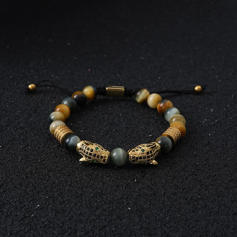 Luxury Tiger Eye Stone Beads Man Bracelet Leopard Head Charms Women Bracelets Couple Jewelry Christmas Gift