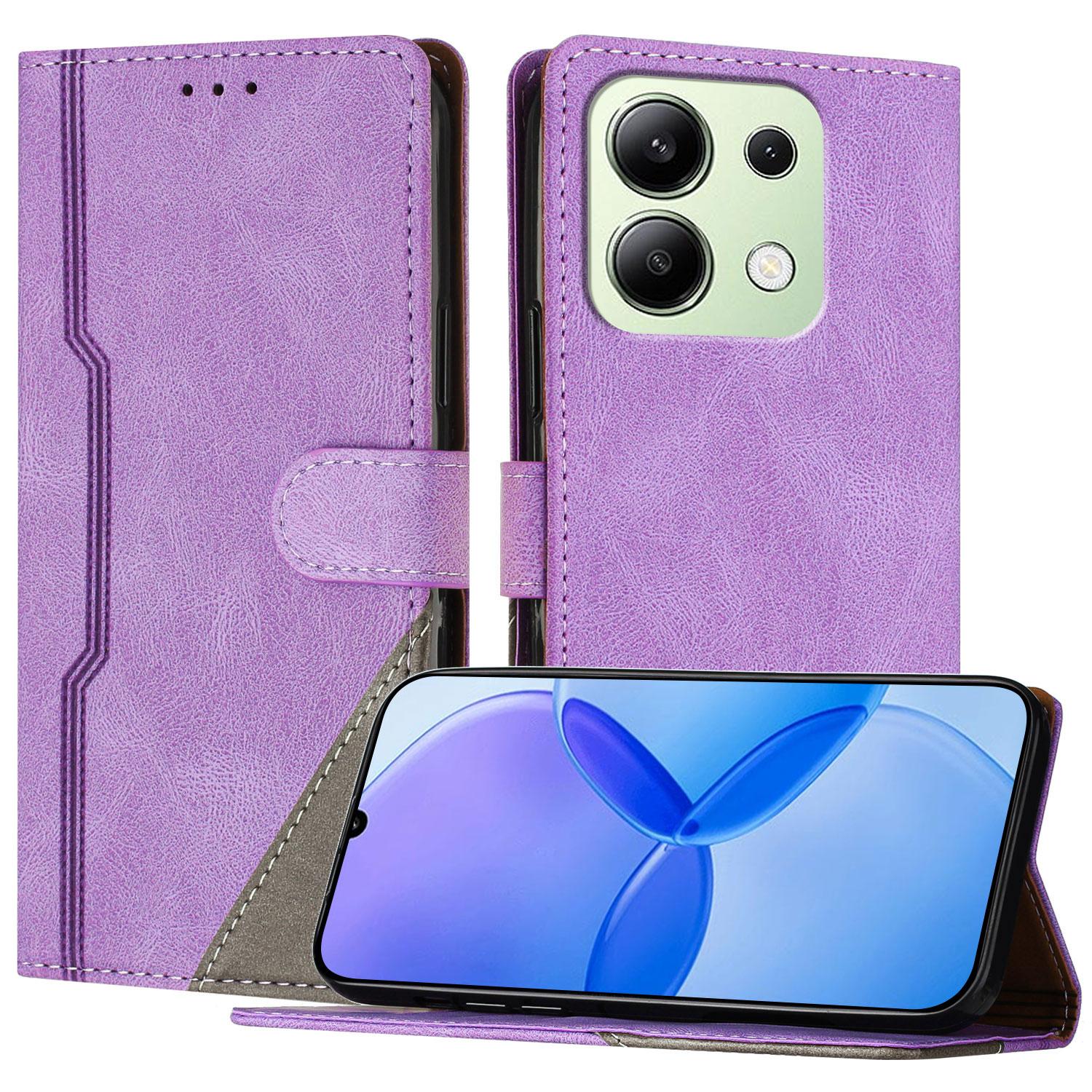 

For Xiaomi Redmi Note 13 4G Leather Case Triangle Patchwork Wallet Stand Shockproof Phone Cover Purple