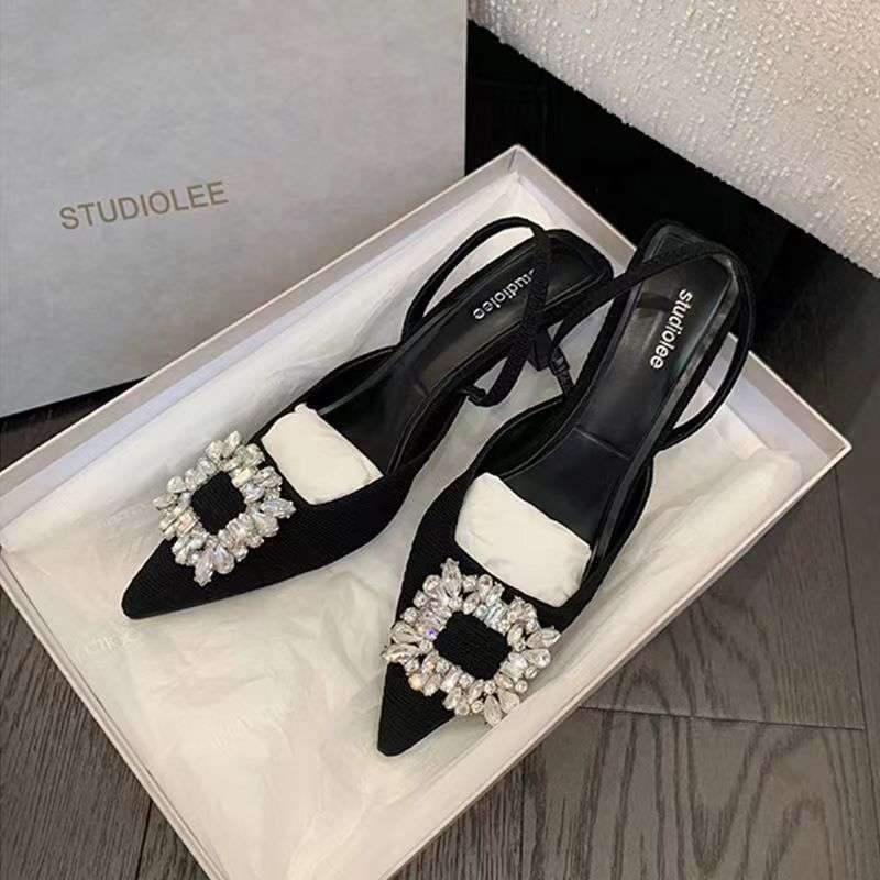 Norwegian Princess Rhinestone Square Buckle Pointed Back Empty High Heel Fairy Sandals Commuter Wedding Shoes