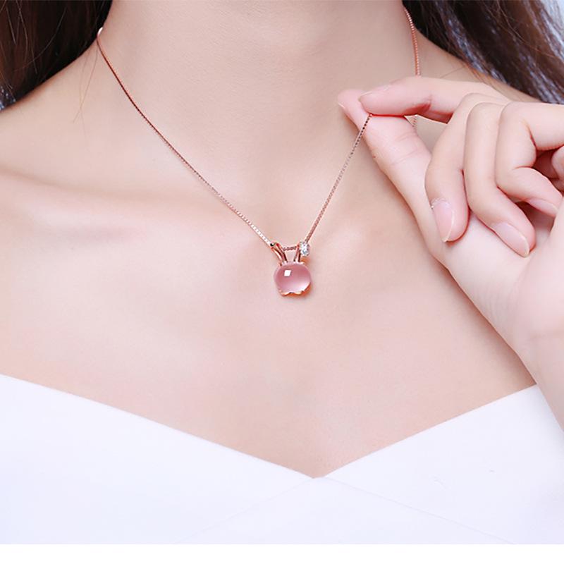 Sterlingsilber Hasenohren Rosenquarz Halskette - Trendiges Damengeschenk für Weihnachten