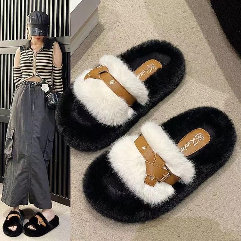 New Women's Fluffy Slippers Autumn and Winter Outer Wear Fashion Casual Shoes Drag Platform Versatile Women's Shoes Trendy Outer Wear Girls