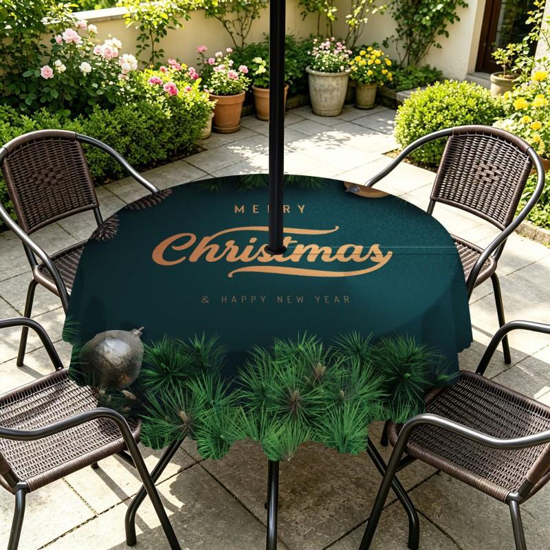 Outdoor Christmas Tablecloth Round Waterproof Oil-Resistant Patio Table Cover Garden Deck Umbrella Hole
