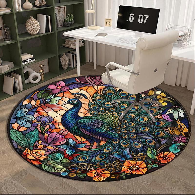 Blue Peacock Floral Art Round Carpet Chair Cushion Round Entryway Rug, Soft Round Rugs for Living Room, Bedroom, Circle Carpet Decor Gifts