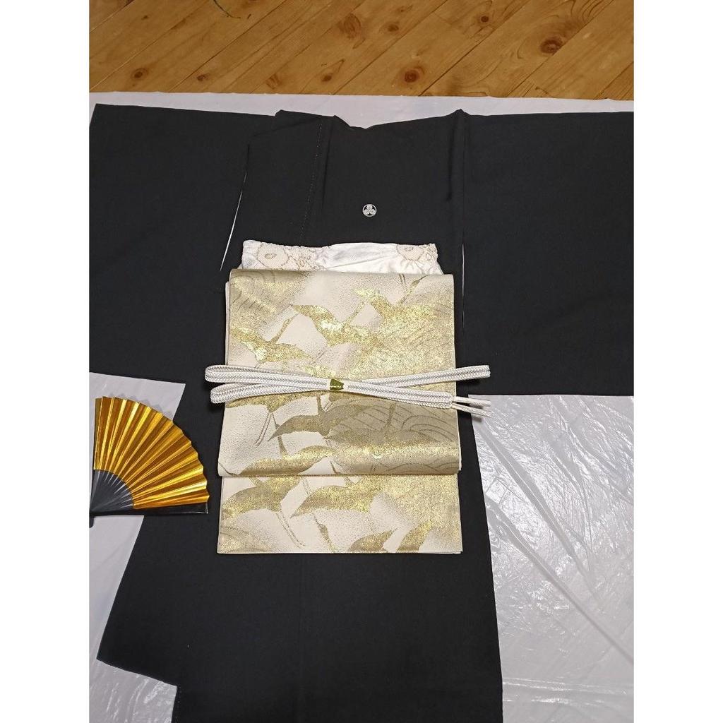 Used Black Tomesode, Pure Silk, Piece Embroidery, Flying Crane Hamamatsu Pattern, Five Crest Hiyori Tailoring, Fukuro Obi Pure Silk, Mitsukoshi