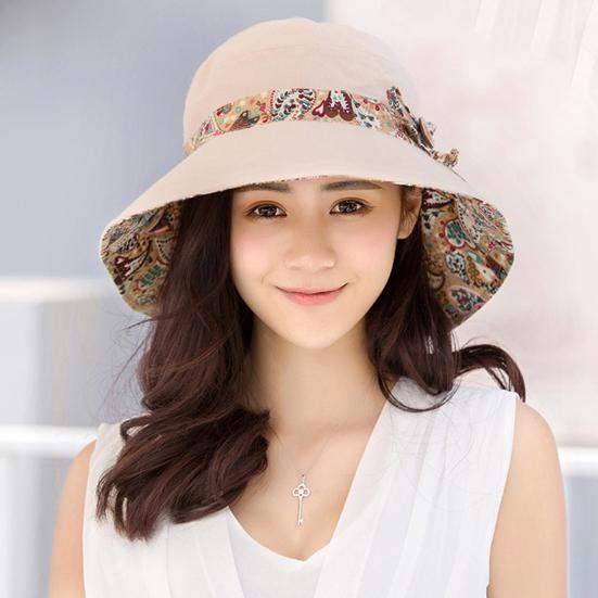 Sun Hat Fashion Print Wide Brim Temperament Foldable Anti Sun Cap for Beach