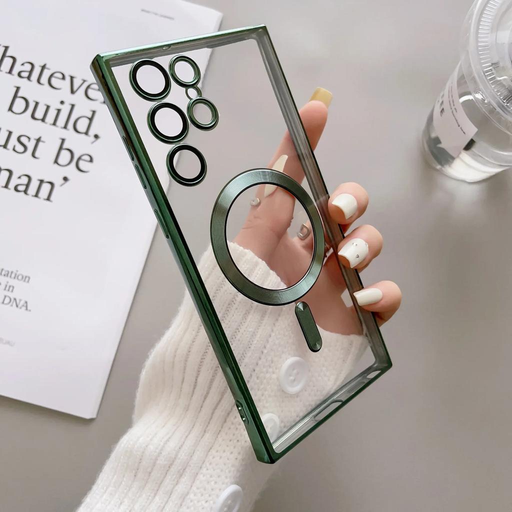 Luxury Plating For Magsafe Lens Protector Case For Samsung Galaxy S25 S24 S23 S21 S22 Ultra Plus Wireless Charge TPU Clear Cover