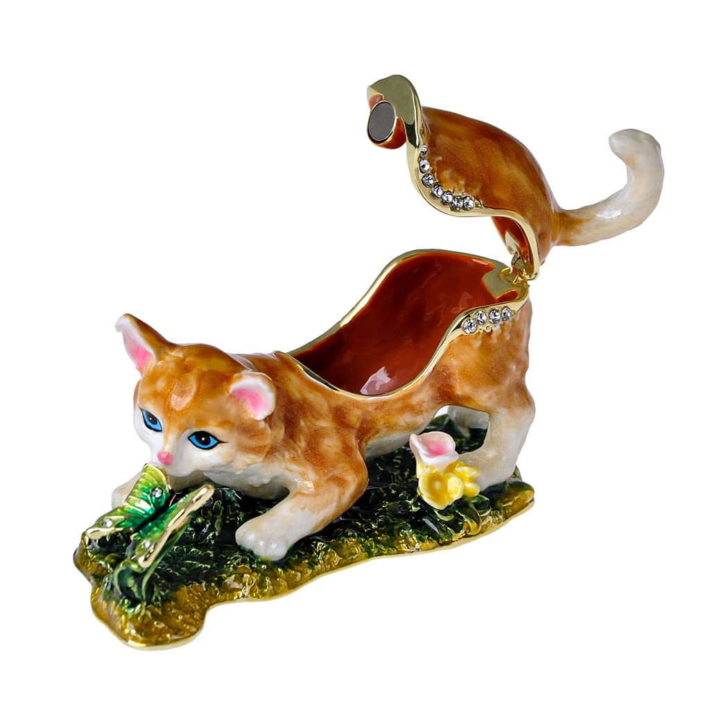 Cat Trinket Box, Small Animal Figurine, Gold Plated Crystal Enamel Jewelry, Animal Home Decor, Gift for Cat Lovers