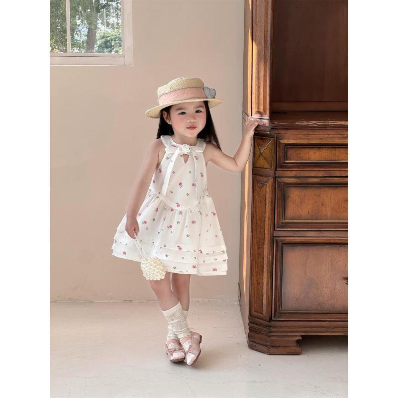 2026 Summer Girls French Floral Strappy Halter Layered Dress 130 cm
