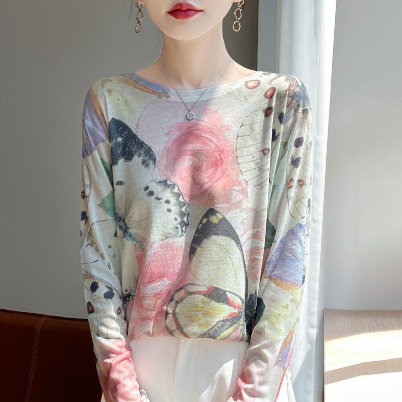 

Spring and Summer New Color-Printed Round-neck Long-sleeved Printed Fashion Pullover Lightweight Top Base Dress for Women XL