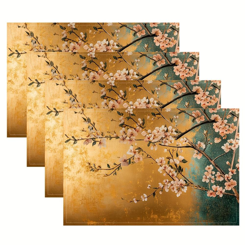 

Luxury Gold Foil Cherry Blossom Placemats Set Of 2 Waterproof PU Leather Table Mats For Dining Decor 4Pcs-30X45cm(12X18in