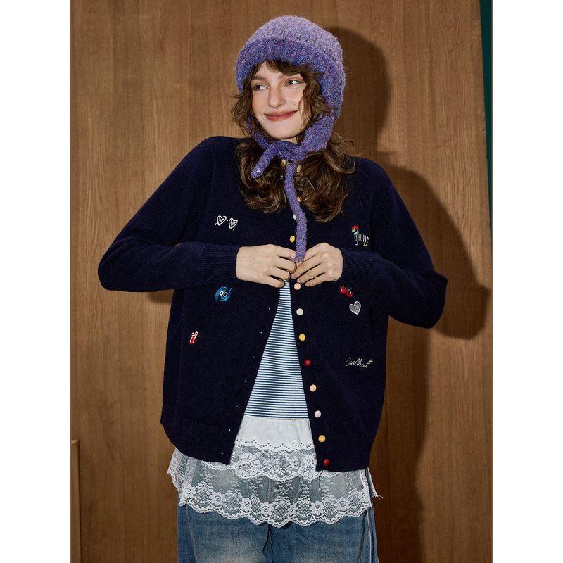Coolhut2025 Autumn and Winter New Versatile Round Neck Cartoon Letter Embroidered Knitwear Women's Sweater Navy Blue