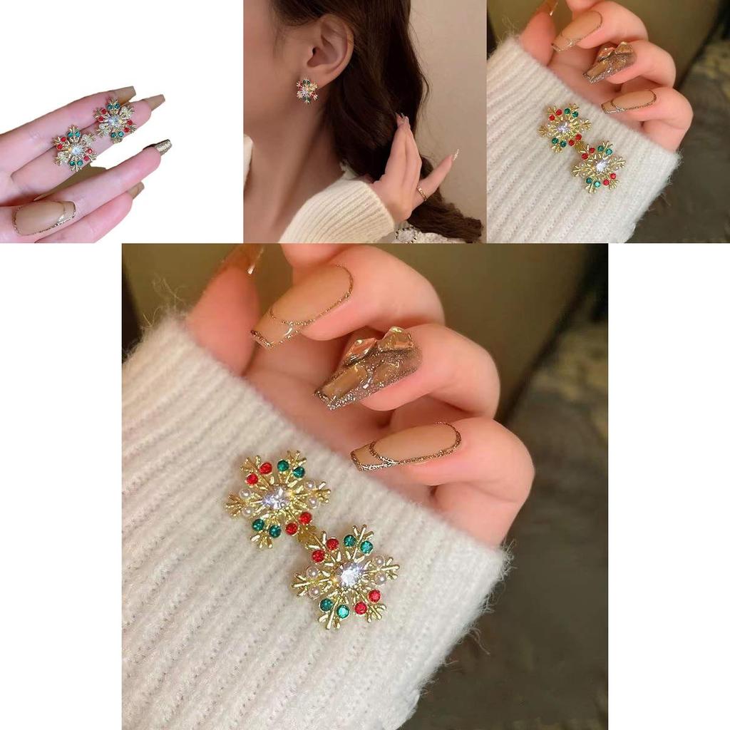 Christmas Snowflake Earrings With Crystals Geometric Alloy Design For Women