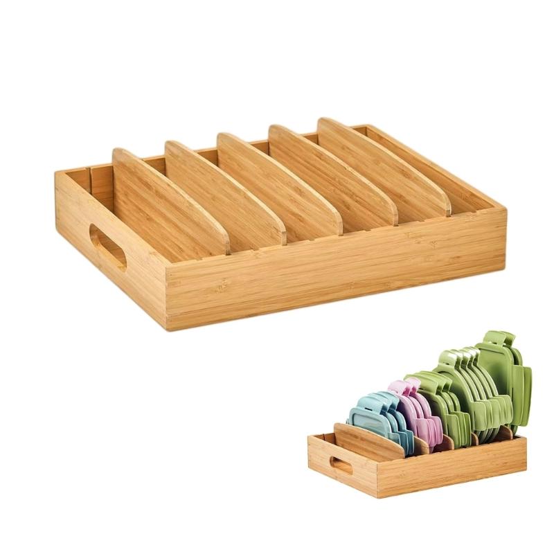 Kitchen Countertop Storage Rack for Pot Lids, Cutting Boards and Trays, Wooden Tiered Holder with Open Access and Vertical Space Saving Layout