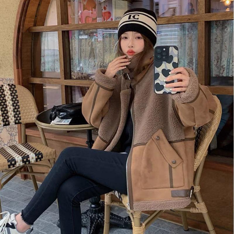 Suede and fur integrated coat women's winter new thickened short lamb splicing coat locomotive jacket cotton clothes
