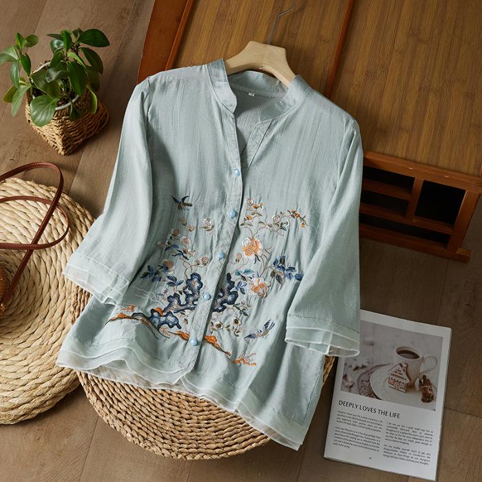 2023 Letní Luxusní Bavlněná Lněná Vyšívaná Blůza se Žabkovým Zapínáním