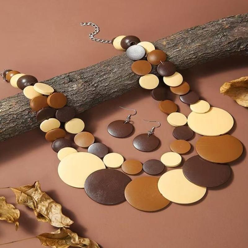 Round Disc Statement Necklace with Earrings Double-layer Design, Wood-Look Finish Fashion Jewelry Set for Party Styling