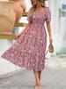 Floral Square Collar Ruched Waist Bubble Sleeve Layered Dress Sweet Style Dress