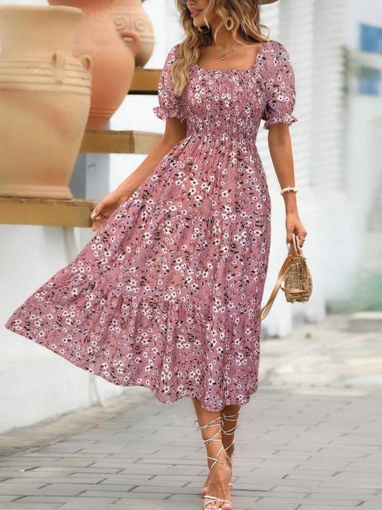 Floral Square Collar Ruched Waist Bubble Sleeve Layered Dress Sweet Style Dress
