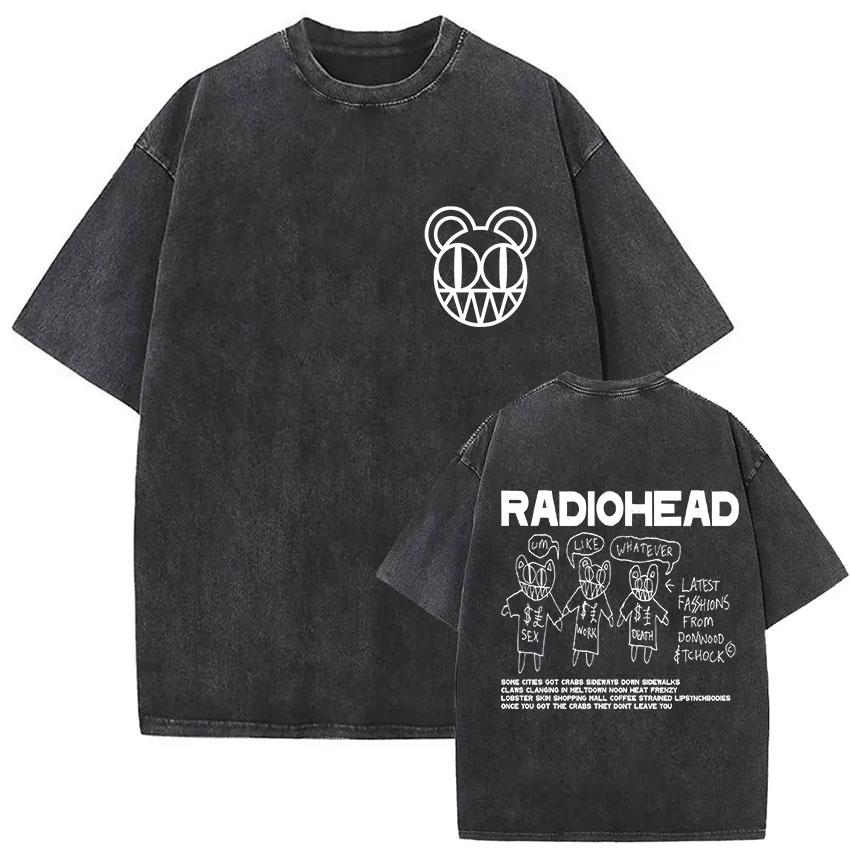 Vintage Washed Radiohead Tour  Print T Shirts Men Women Hip Hop Loose Pop British Rock Short Sleeve Tshirt Punk Streetwear
