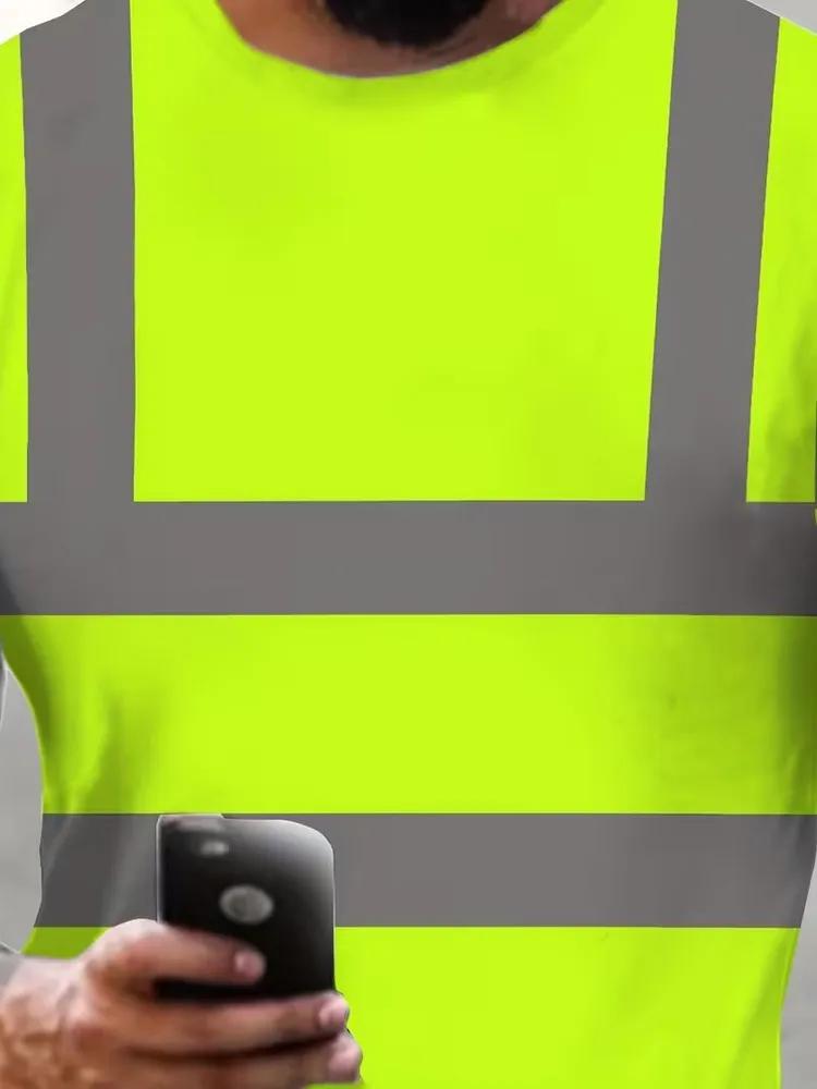Herren Neon Gelbes Arbeits-T-Shirt, Reflektierendes Sicherheitsband-Design, Atmungsaktiv, Kurzarm für Außen- und Industriegebrauch