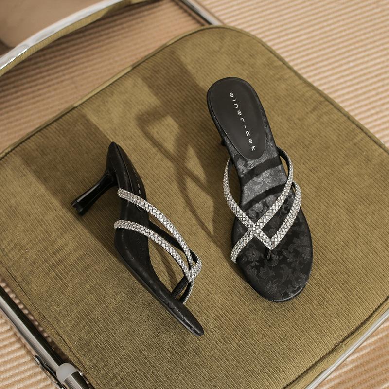 

72902 high-heeled slippers women s thin heels 2025 summer new national style cool slippers rhinestone word with mezzanine sandals 34