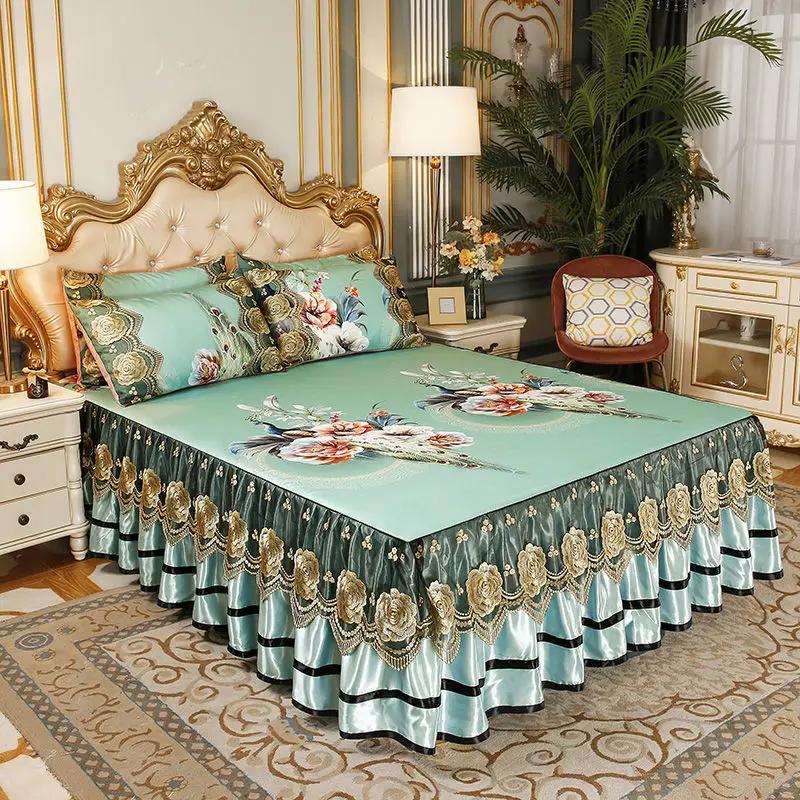 3 Pcs Ice Soft Mat Bedspread on The Bed Machine Washable Embroidery Bed Sheet Set with Fixed Elastic Band for Queen King Size