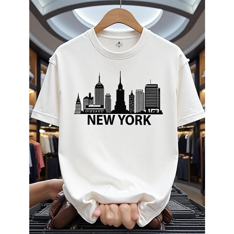 

New York City Skyline Statue of Liberty Print T Shirt Round Neck Casual All Season NYC Tee Top 4XL