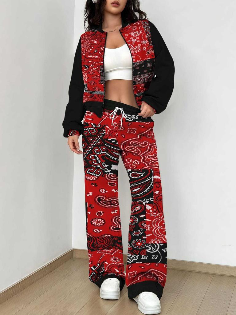 Splicing Autumn and Winter New European and American Women's Clothing Retro Pattern Printing Suit Women
