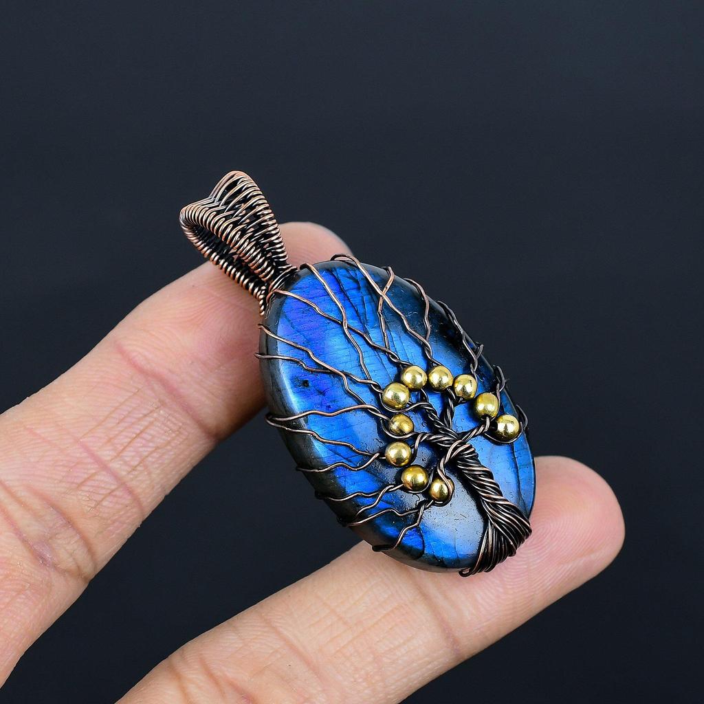 Tree Of Life Labradorite Pendant, Handmade Gemstone 999 Copper Wire Wrapped Pendant Antique Jewelry, For Gift Silver Jewelry