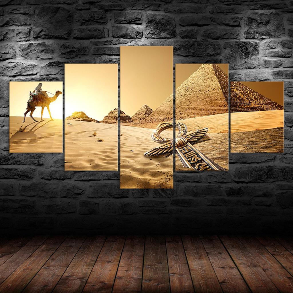 Egypt Pyramids Camel Animal Desert Scenery 5 Piece Five Panel Wall Canvas Print Modern Art Poster Picture Home Decor Gift For Him For Her