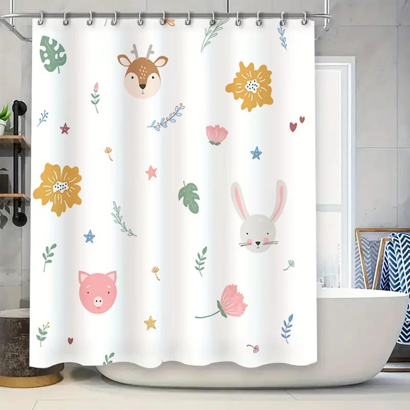

Animal Print Shower Curtain Kids Bathroom Decor for Children s Room Cute Rabbit Deer Pig Design Flower Shampoo Wash Bag Home Dec W90xH180cm