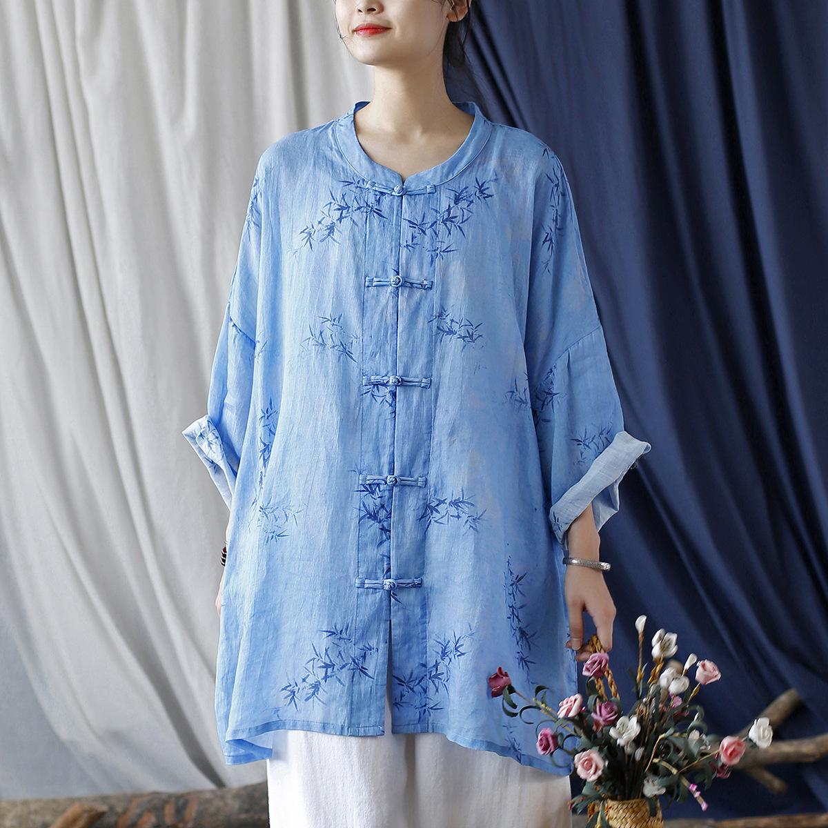 

Johnature женские винтажные рубашки рами топы с цветочным принтом осенние блузки с рукавами-стойкой на пуговицах женские свободные рубашки One Size синий