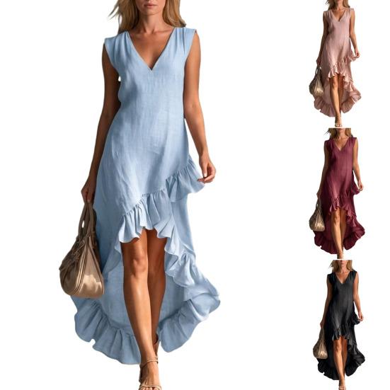 Dámské tílkové šaty bez rukávů Ležérní volné V-výstřih Volánkový lem Rozšířené šaty Vzdušné Letní šaty na pláž