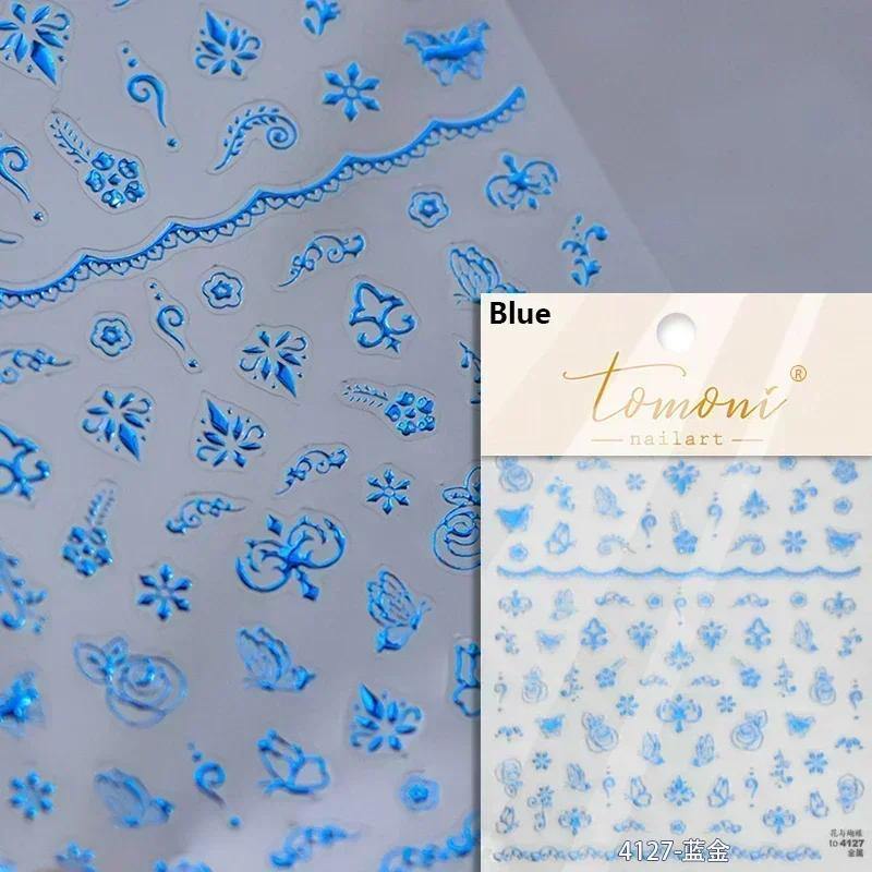 Blue and White Porcelain Chinese 5D Butterfly Flowers Vase Swallow Window Gold Stamping Nail Art Stickers Manicure Decals