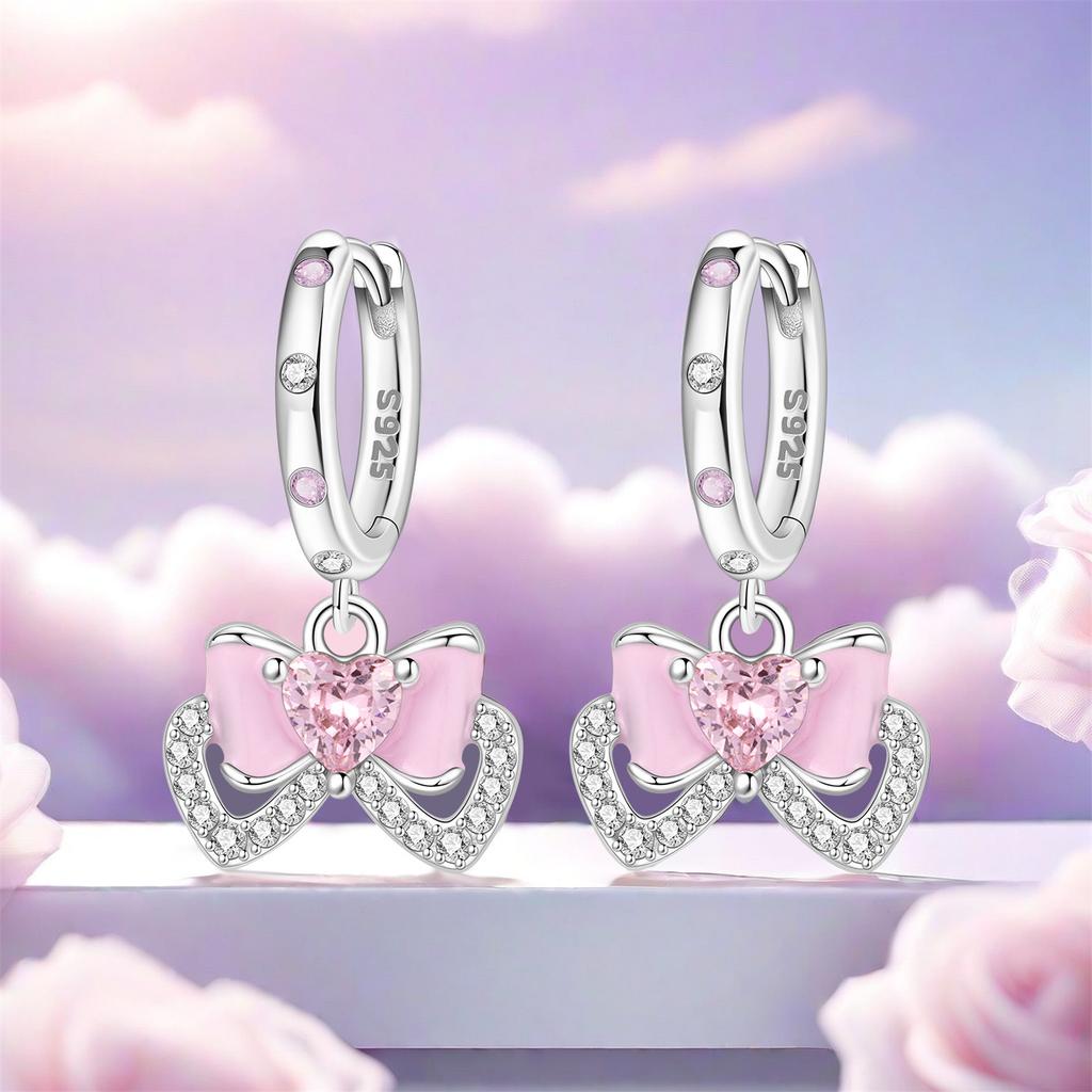 Orstarry 925 Silver Pink Sweet Bow Earrings Women Jewelry Trendy Drop Earrings Party Gift Anniversary
